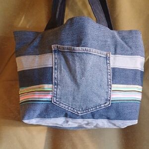 Denim Tote Bag with Striped Accents